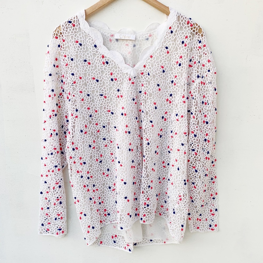 CHLOÉ Optic White Guipure Lace Cutout Blouse Sz 6
